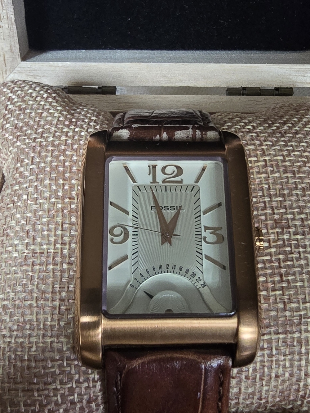 Fossil Rose Gold Tone Rectangular Watch with Brown Leather Strap